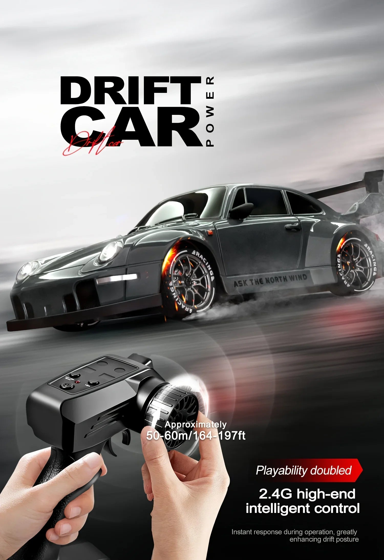 RC Drift Car 2,4 GHz, Maßstab 1:24, Allradantrieb, 20 km/h, Hochgeschwindigkeits-Fernsteuerungsauto mit LED-Leuchten, Driftreifen