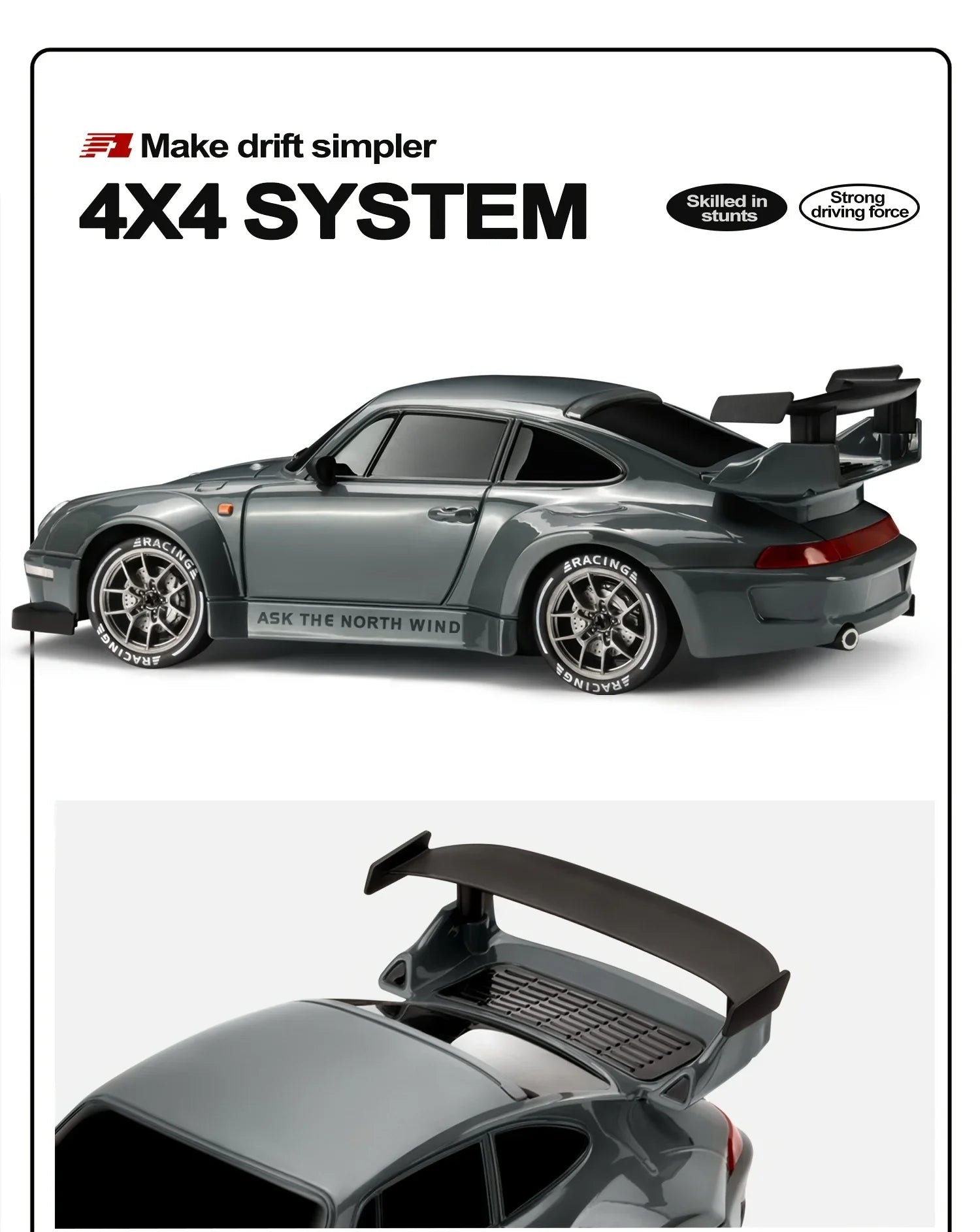 RC Drift Car 2,4 GHz, Maßstab 1:24, Allradantrieb, 20 km/h, Hochgeschwindigkeits-Fernsteuerungsauto mit LED-Leuchten, Driftreifen