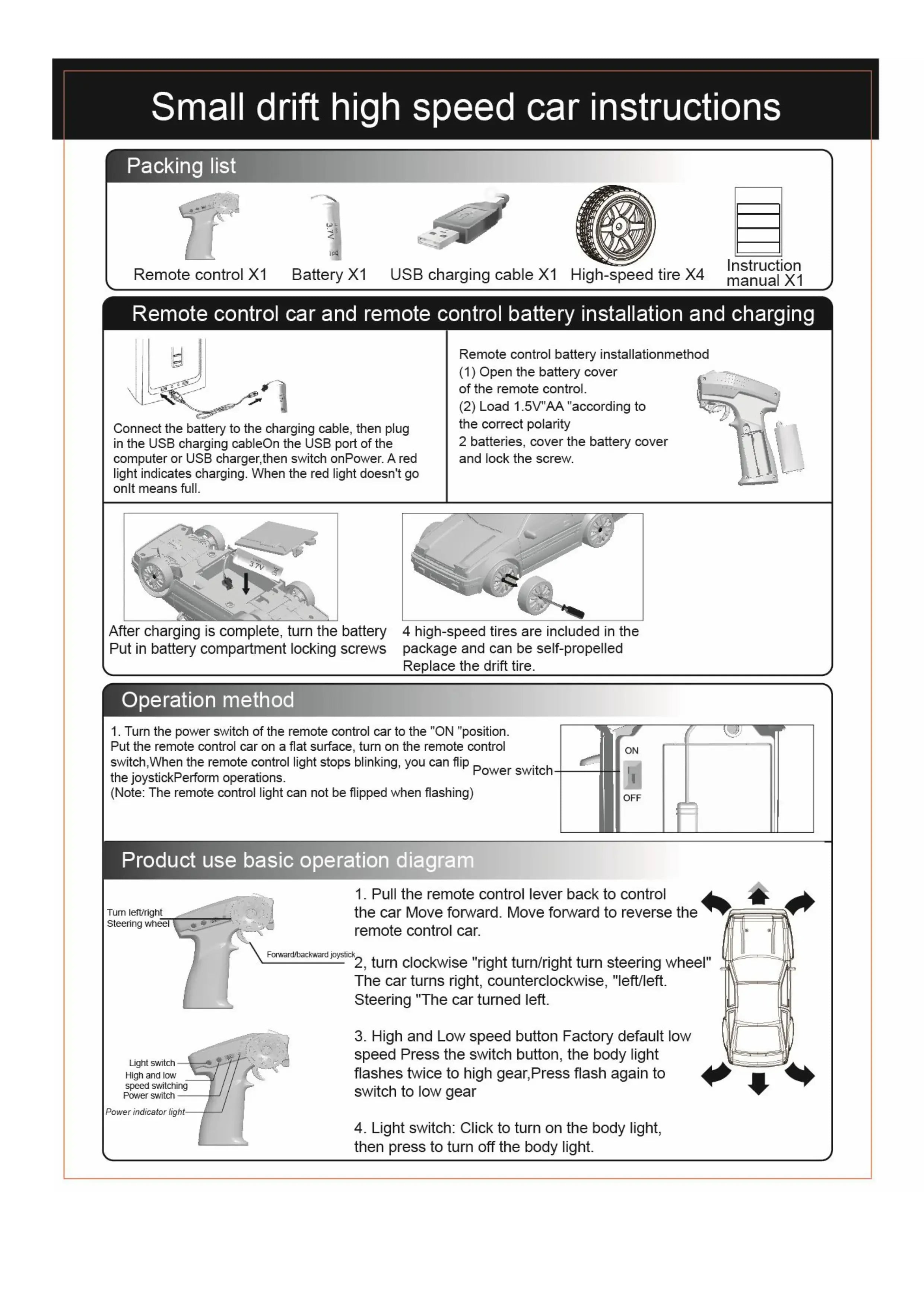 RC Drift Car 2,4 GHz, Maßstab 1:24, Allradantrieb, 20 km/h, Hochgeschwindigkeits-Fernsteuerungsauto mit LED-Leuchten, Driftreifen